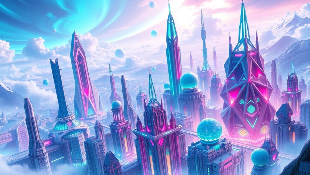 Futuristic Geometric Cityscape – free AI stock image