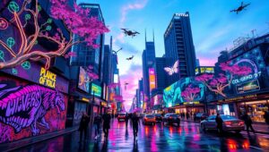 Futuristic Graffiti Cityscape – free AI stock image