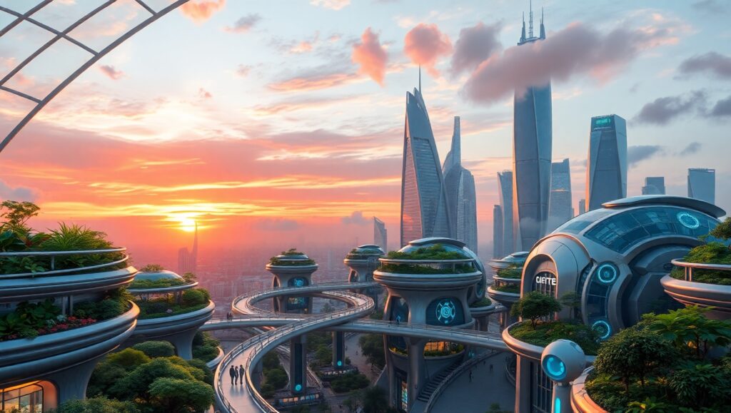 Futuristic Green Urban Landscape – free AI stock image