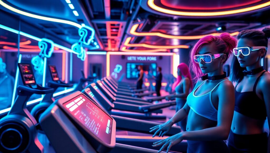 Futuristic Gym with Holographic Assistants – free AI stock image