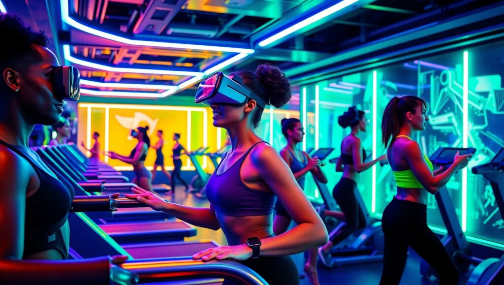 Futuristic Gym with Holographic Equipment 7q5 – free AI stock image