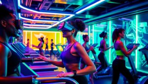 Futuristic Gym with Holographic Equipment 7q5 – free AI stock image