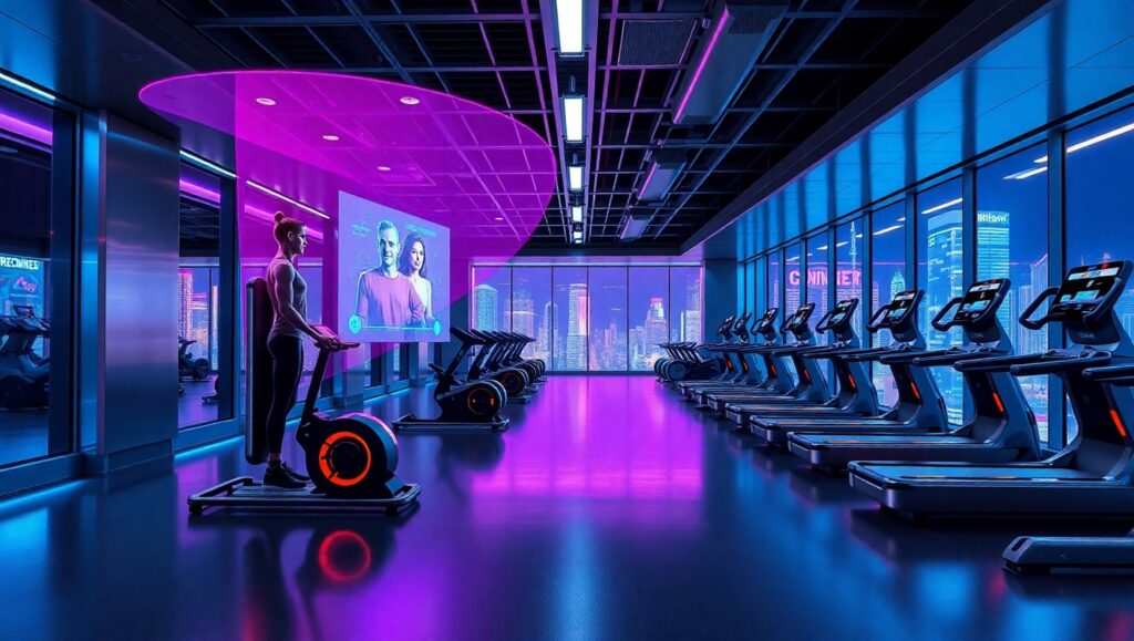 Futuristic Gym with Holographic Trainers – free AI stock image