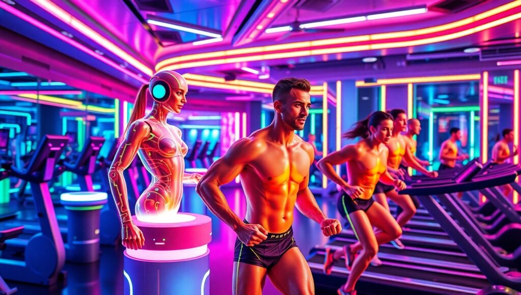 Futuristic Gym with Holographic Trainers Evx – free AI stock image