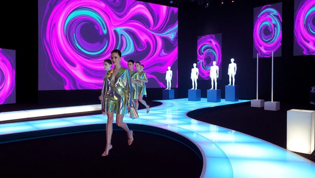 Futuristic Holographic Fashion Showcase – free AI stock image
