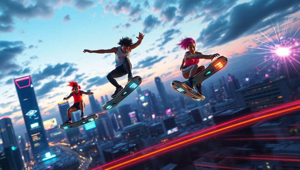 Futuristic Hoverboard Freestyle Showdown – free AI stock image