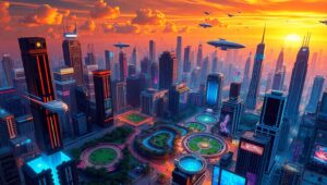Futuristic Isometric City at Sunset – free AI stock image