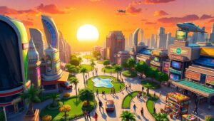 Futuristic Isometric City at Sunset oJl – free AI stock image
