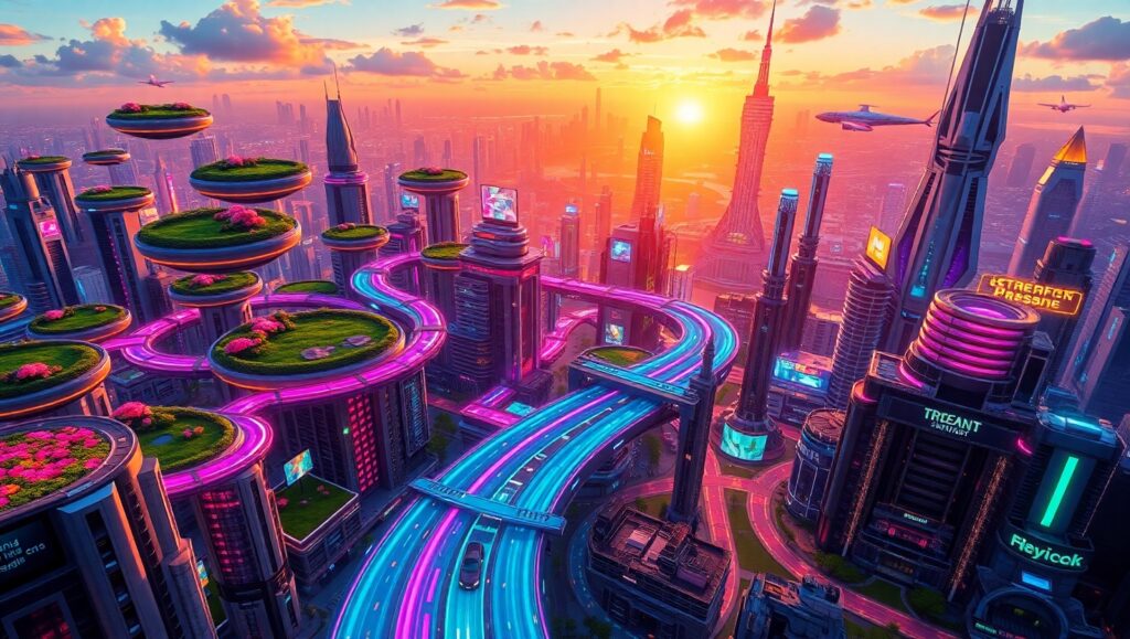 Futuristic Isometric Cityscape 72s – free AI stock image