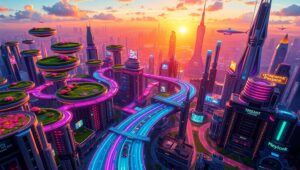 Futuristic Isometric Cityscape 72s – free AI stock image
