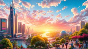 Futuristic Isometric Cityscape Adventure – free AI stock image