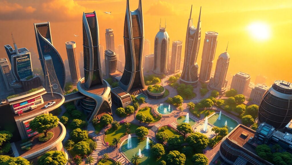Futuristic Isometric Cityscape Adventure NAy – free AI stock image