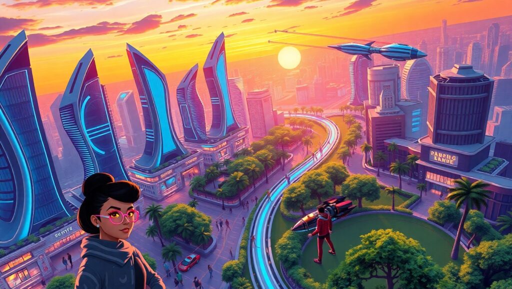 Futuristic Isometric Cityscape Adventure oG4 – free AI stock image