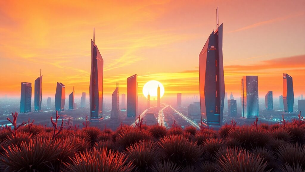 Futuristic Low-Poly City Sunset – free AI stock image
