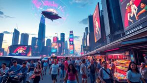 Futuristic Market in Motion – free AI stock image