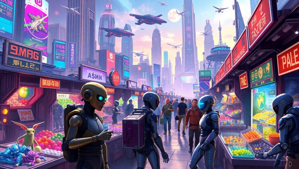 Futuristic Marketplace Adventure – free AI stock image