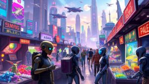 Futuristic Marketplace Adventure – free AI stock image
