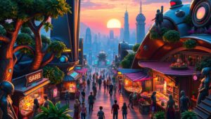 Futuristic Marketplace at Sunset – free AI stock image