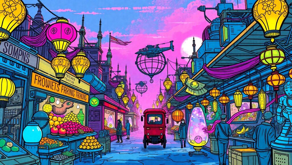 Futuristic Marketplace Under Neon Skies – free AI stock image