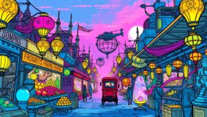 Futuristic Marketplace Under Neon Skies – free AI stock image