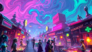 Futuristic Marketplace Under Neon Sky – free AI stock image