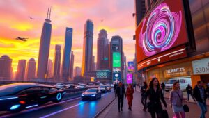 Futuristic Metropolis at Sunset – free AI stock image