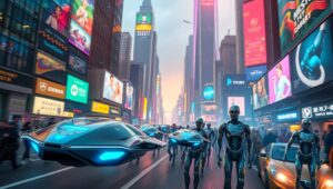 Futuristic Metropolis with Flying Cars – free AI stock image