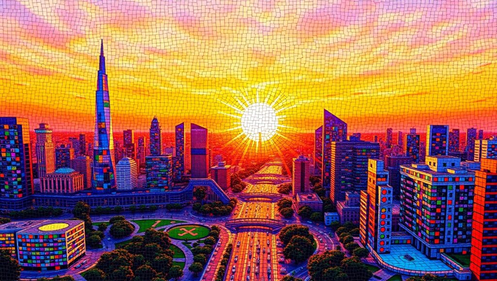 Futuristic Mosaic Cityscape at Sunset – free AI stock image