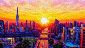 Futuristic Mosaic Cityscape at Sunset – free AI stock image