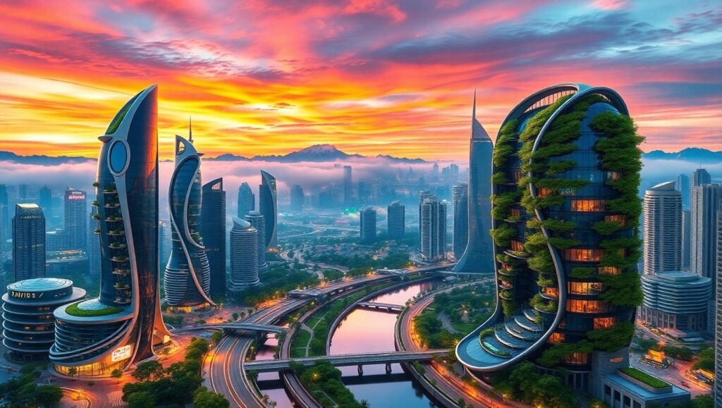 Futuristic Nature-Integrated Cityscape – free AI stock image
