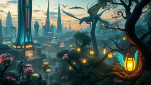 Futuristic Nature Meets Mythical Creatures – free AI stock image