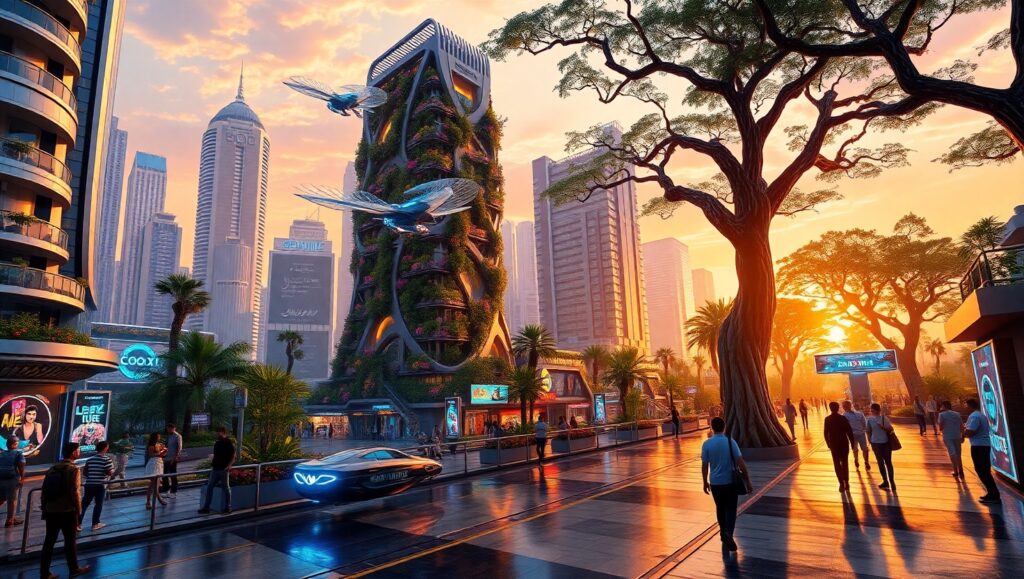 Futuristic Nature-Tech Cityscape – free AI stock image