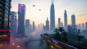Futuristic Neon City at Dusk S4e – free AI stock image