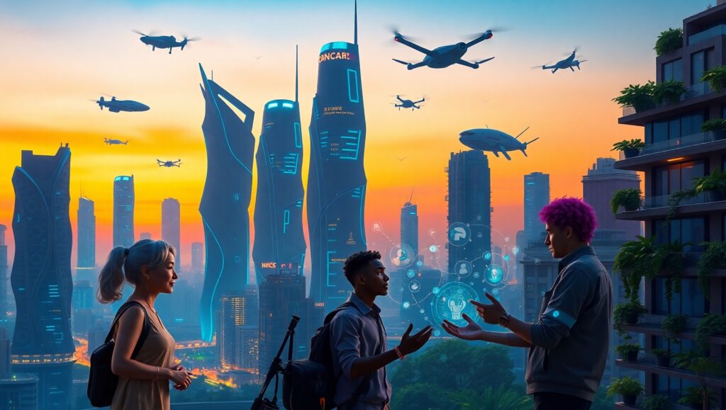 Futuristic Neon City Interactions – free AI stock image