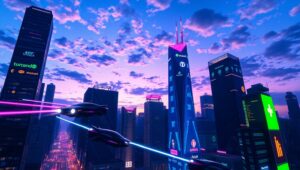 Futuristic Neon Cityscape at Night 9Tr – free AI stock image