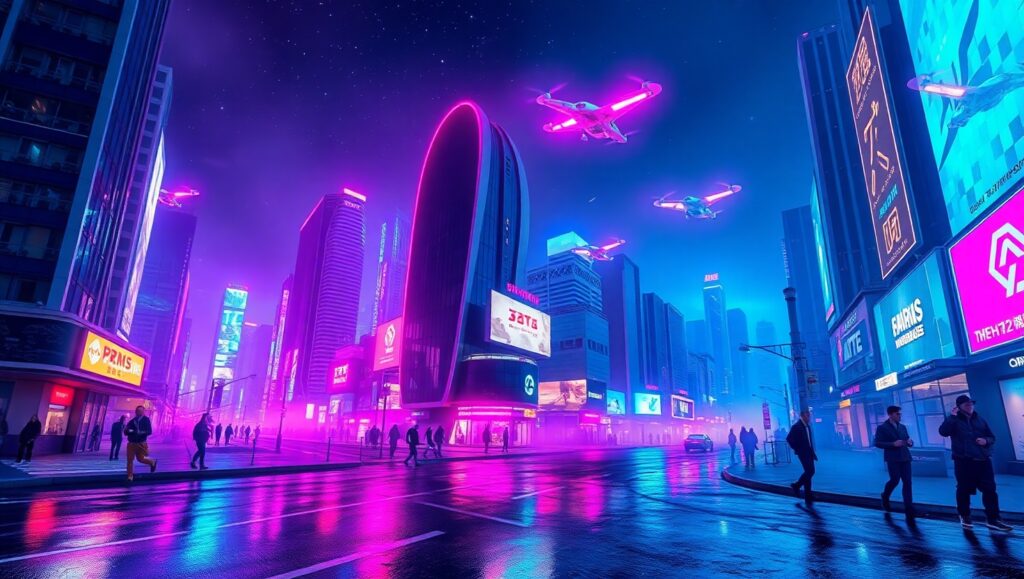 Futuristic Neon Cityscape at Night eeD – free AI stock image