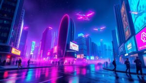 Futuristic Neon Cityscape at Night eeD – free AI stock image