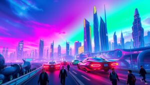 Futuristic Neon Cityscape K1w – free AI stock image