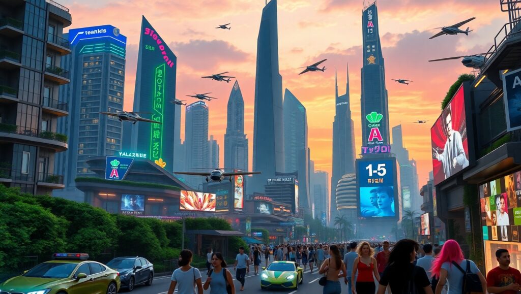 Futuristic Neon Urban Skyline – free AI stock image