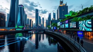 Futuristic Neon Urban Skyline at Dusk – free AI stock image