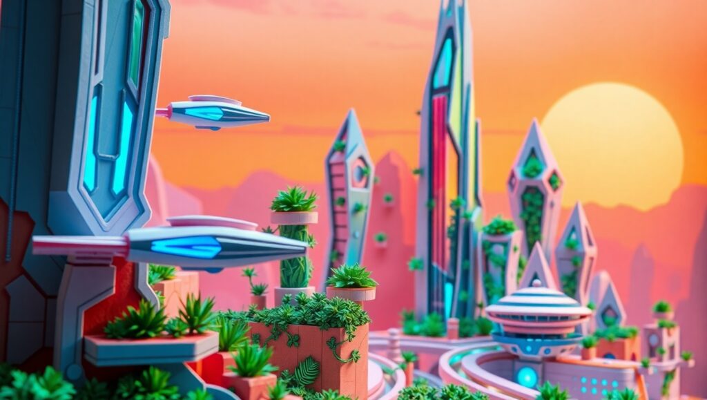 Futuristic Papercraft Cityscape – free AI stock image