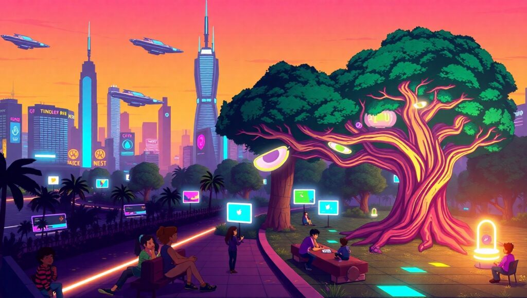 Futuristic Pixel City at Dusk – free AI stock image