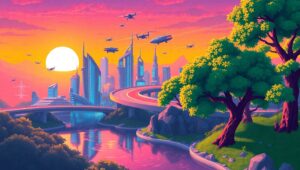 Futuristic Pixel City at Sunset – free AI stock image