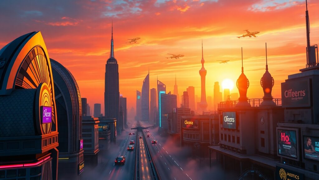 Futuristic Retro City Skyline – free AI stock image