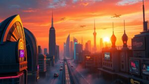 Futuristic Retro City Skyline – free AI stock image