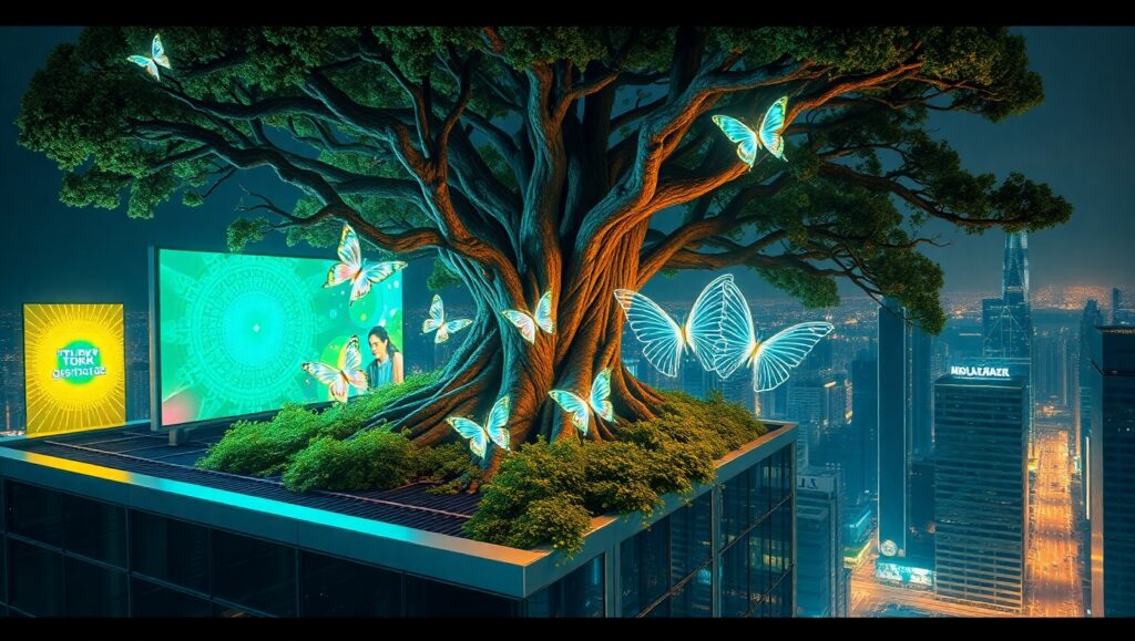 Futuristic Rooftop Tree Encounter – free AI stock image