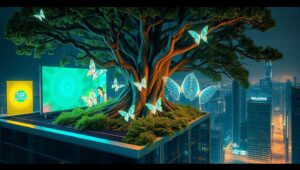 Futuristic Rooftop Tree Encounter – free AI stock image