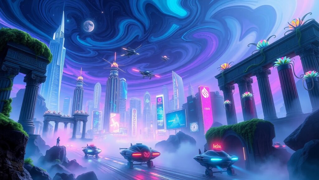 Futuristic Ruins and Starry Skies – free AI stock image