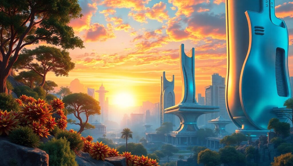 Futuristic Ruins Under Surreal Skies – free AI stock image