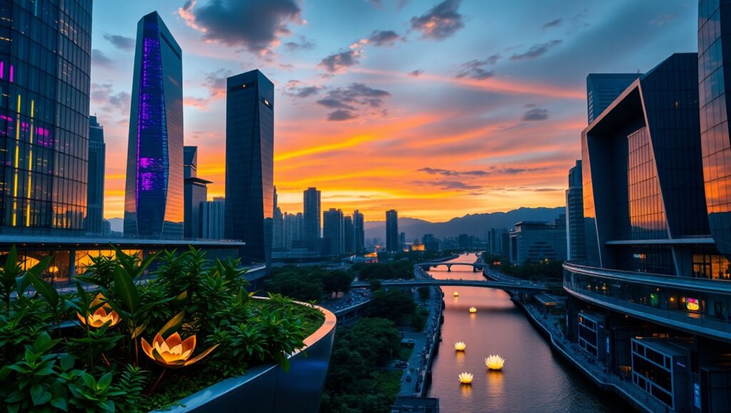 Futuristic Skyline at Dusk BXk – free AI stock image